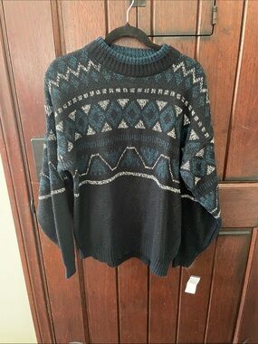 Michael Gerald Men's Nordic Pattern Crewneck Sweater - Black & Teal